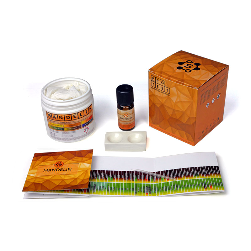 Mandelin reagent test kit includes the reagent, a spatula, a reaction plate, instructions and reaction color chart