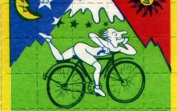 LSD-blotter met de fietstocht van Albert Hofmann uit 1943